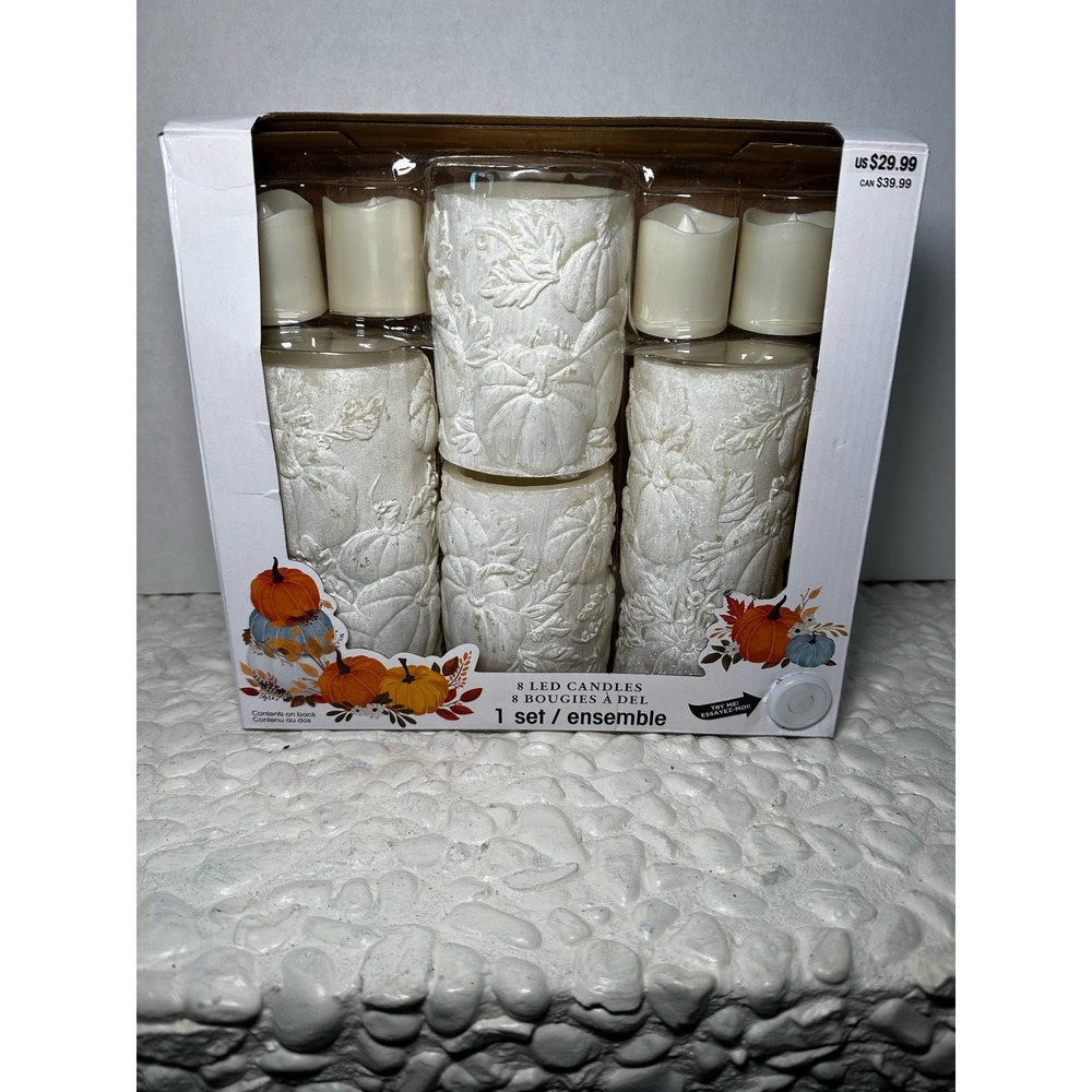 New - 8 Flameless/Varying Sized Holiday Candle Set w/Timer - Harvest Pumpkins